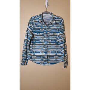 Rank 45‎ Teal Long Sleeve Button Up Shirt Size L Western Rodeo Aztec Geometric